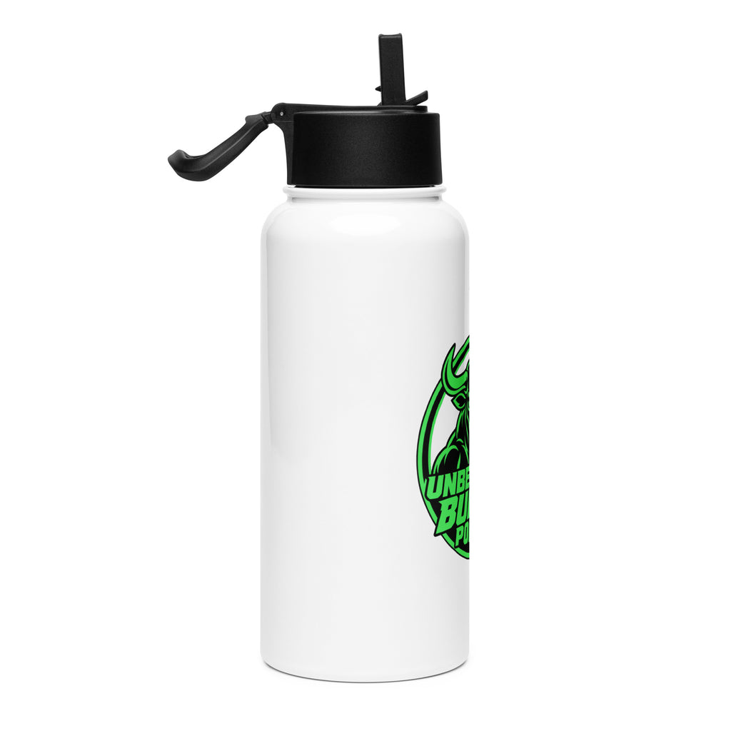 Unbearably Bullish Water Bottle, white 32 oz stainless steel with straw lid, right side