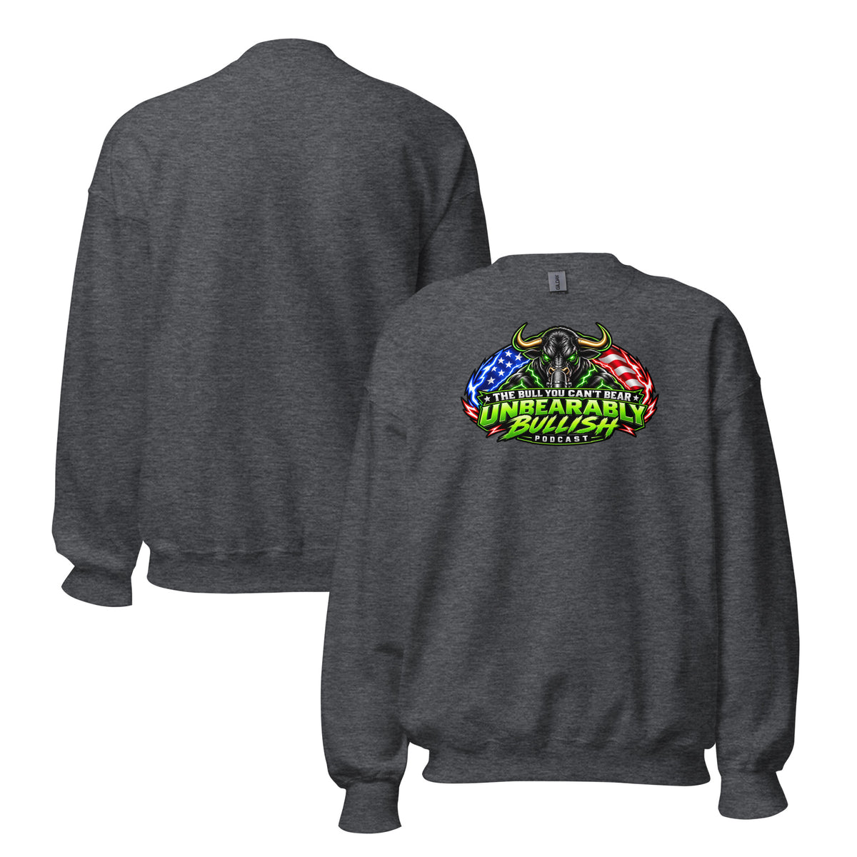 Unbearably Bullish Logo Crewneck Sweatshirt in Dark Heather, front and back