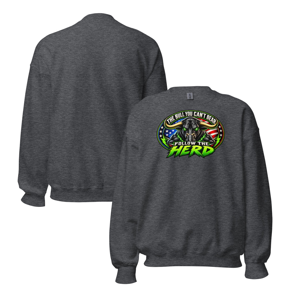 Follow The Herd Crewneck Sweatshirt in Dark Heather, front and back