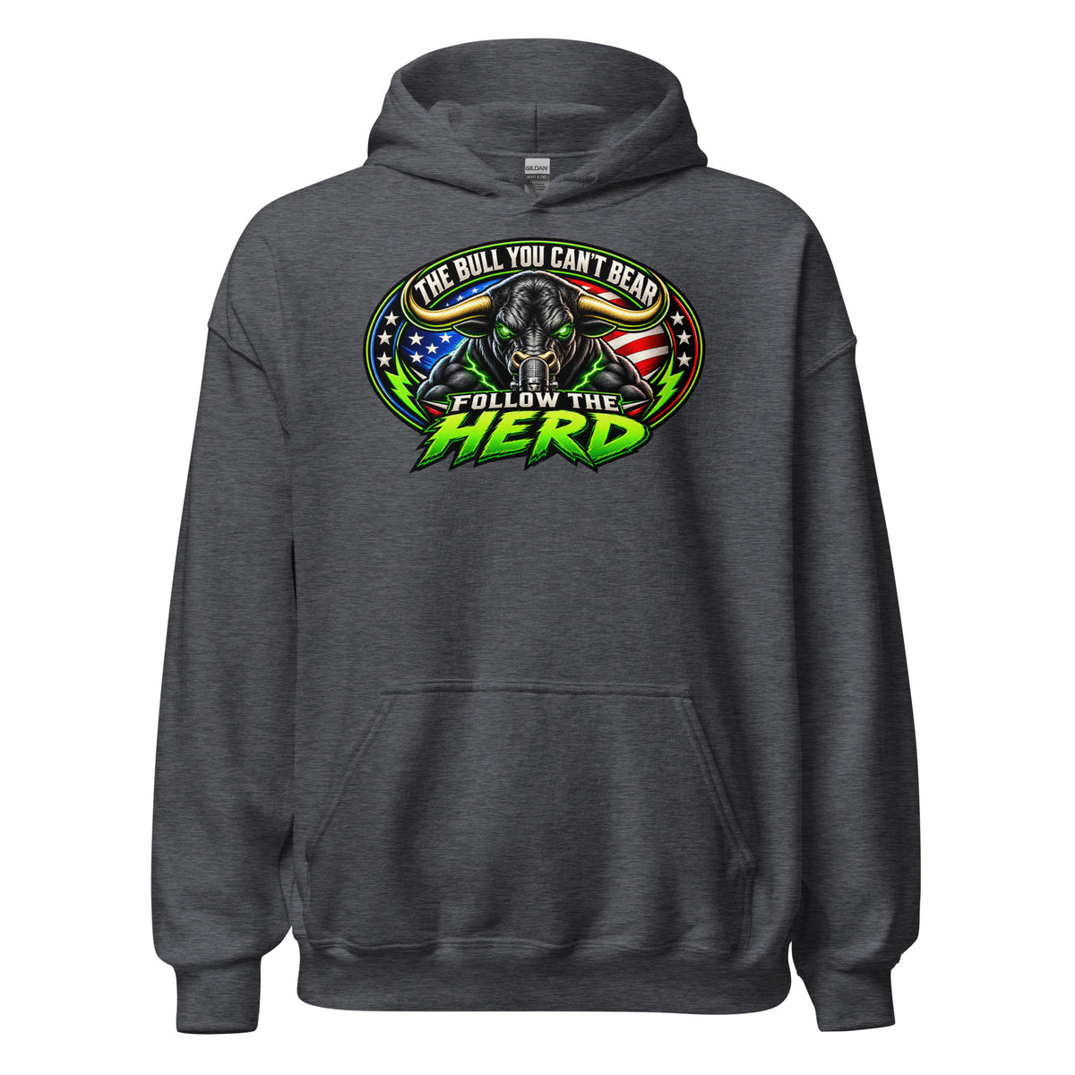 Follow The Herd Hoodie in Dark Heather, front print