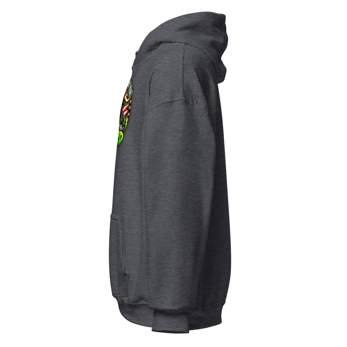 Follow The Herd Hoodie in Dark Heather, left side