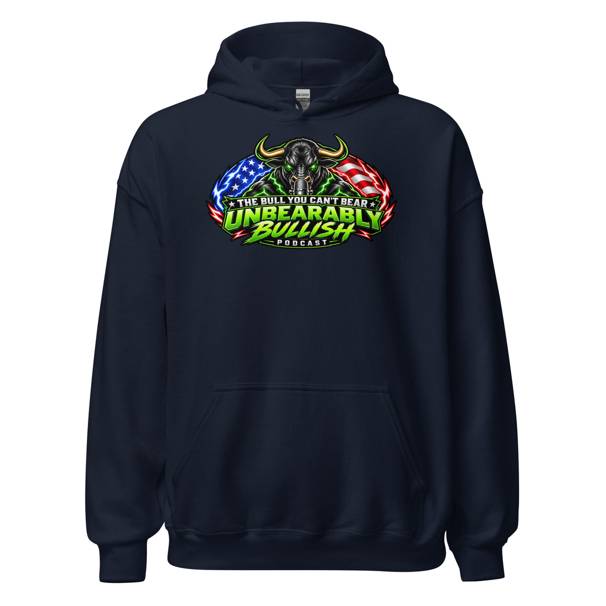 Unbearably Bullish Logo Hoodie in Navy, front print