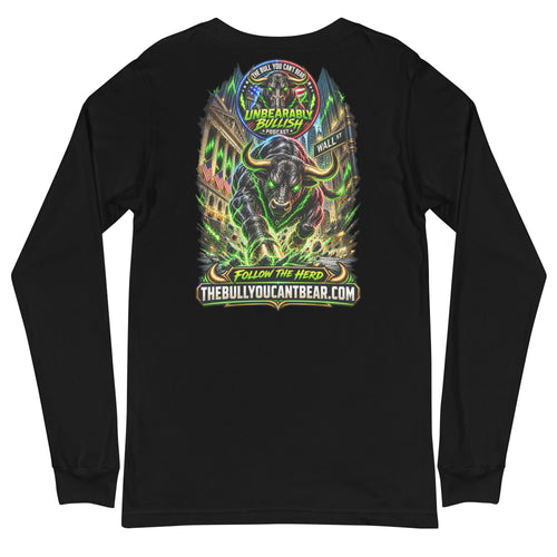 Charging Bull on Wall Street Long Sleeve Tee in Black, back print