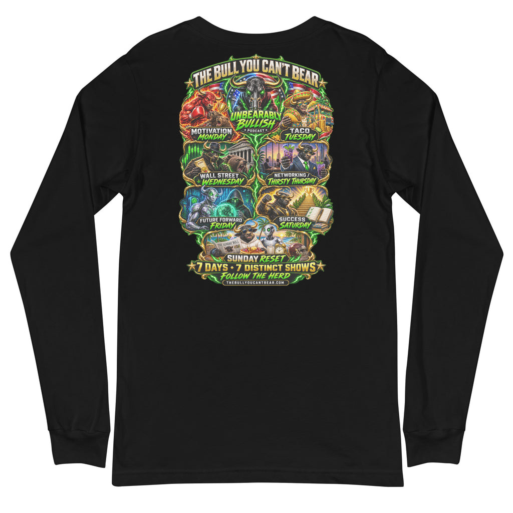 Seven Days Seven Shows Long Sleeve Tee in Black, back print