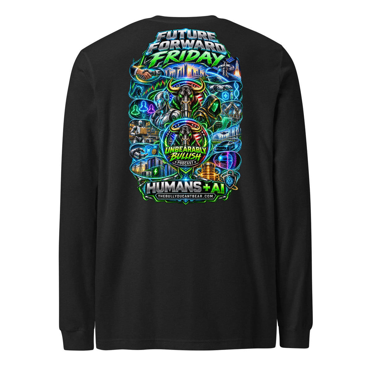 Future Forward Friday Humans + AI Long Sleeve Tee in Black Heather, back print