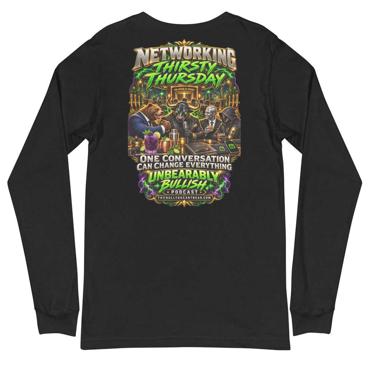 Networking Thirsty Thursday Long Sleeve Tee in Black Heather, back print