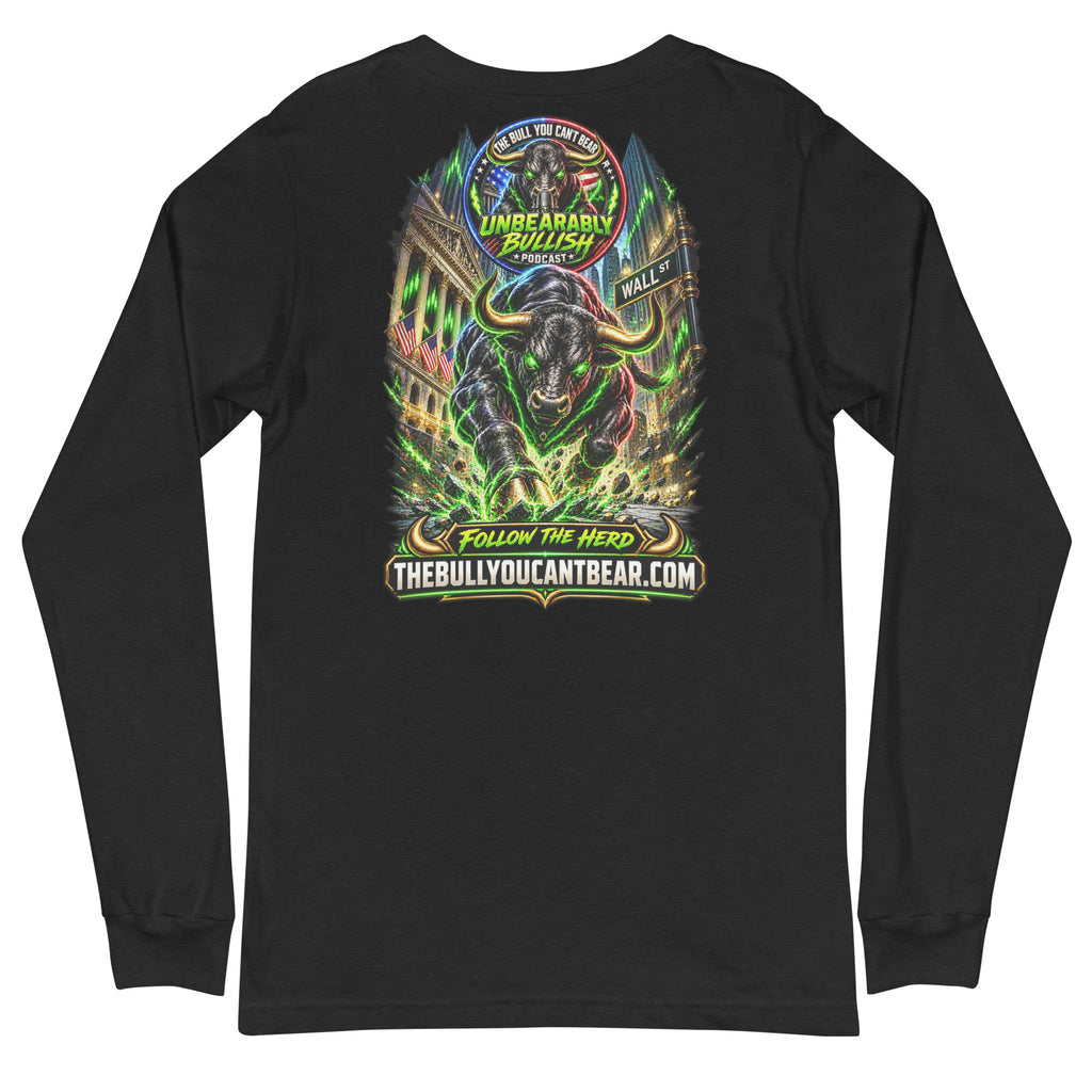 Charging Bull on Wall Street Long Sleeve Tee in Black Heather, back print