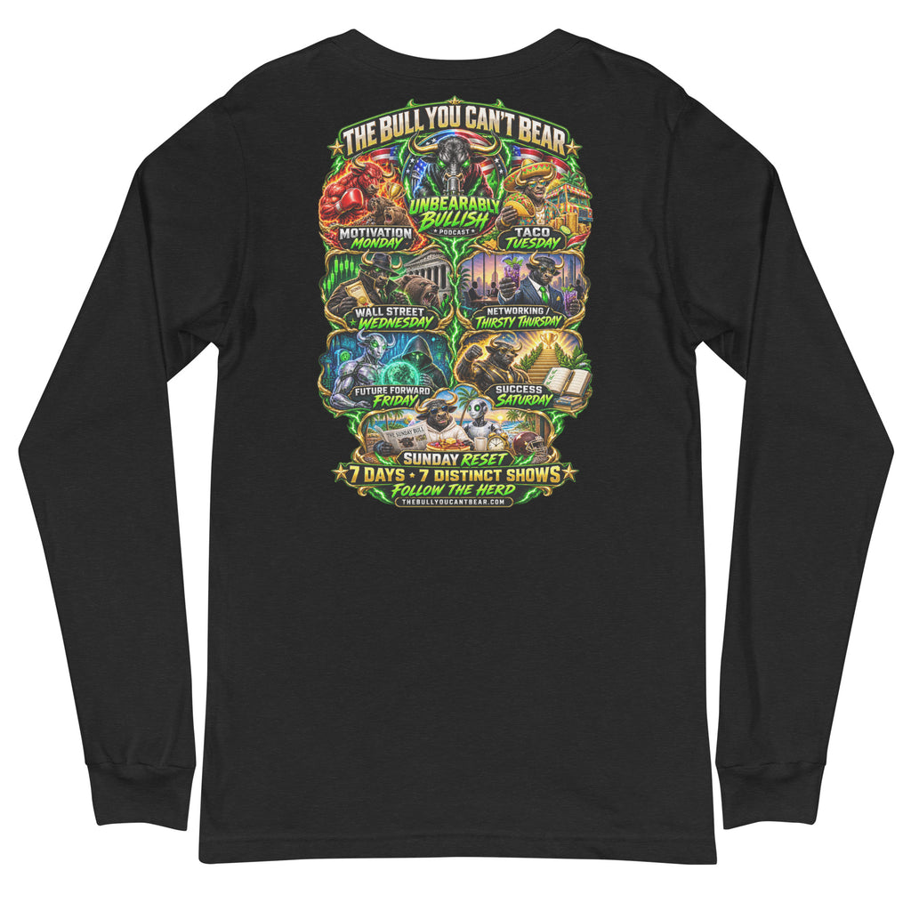 Seven Days Seven Shows Long Sleeve Tee in Black Heather, back print