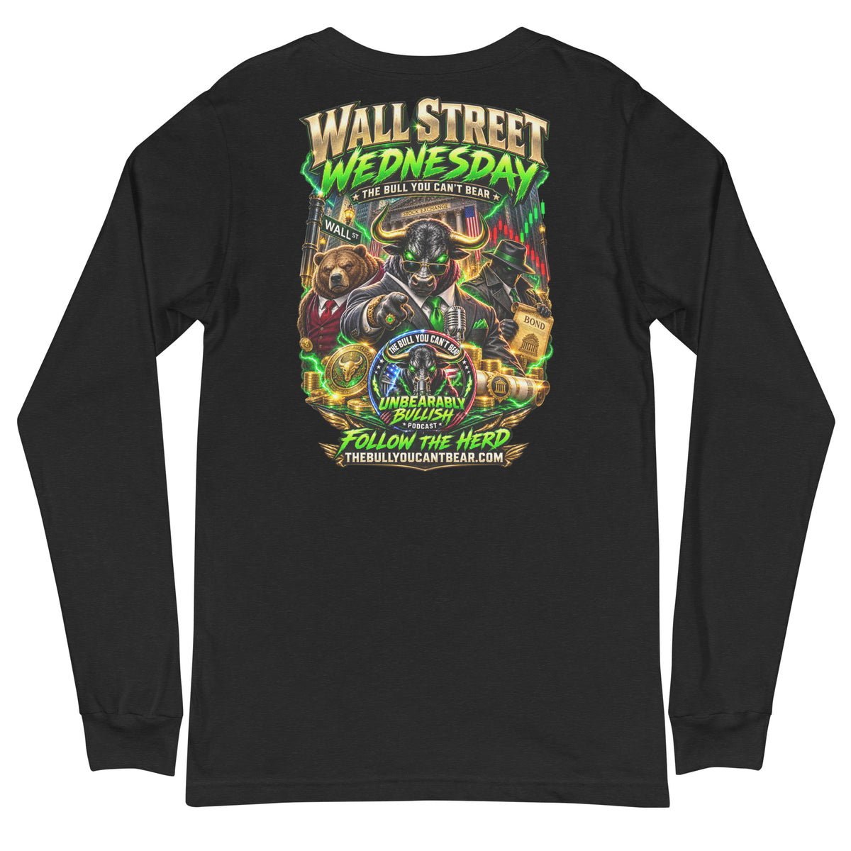 Wall Street Wednesday Long Sleeve Tee in Black Heather, back print