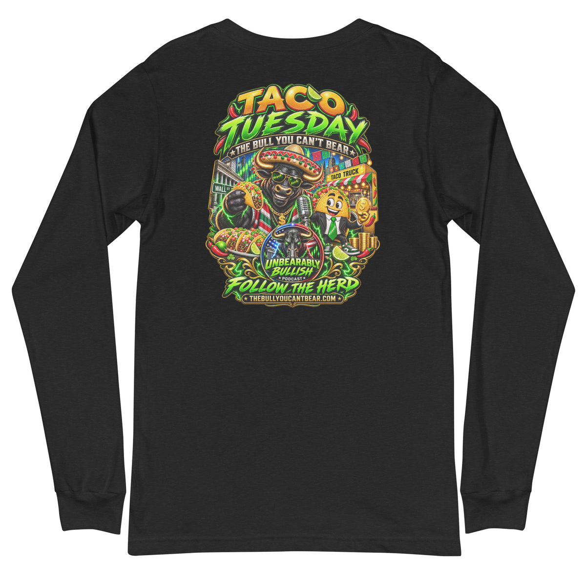 Taco Tuesday Long Sleeve Tee in Black Heather, back print