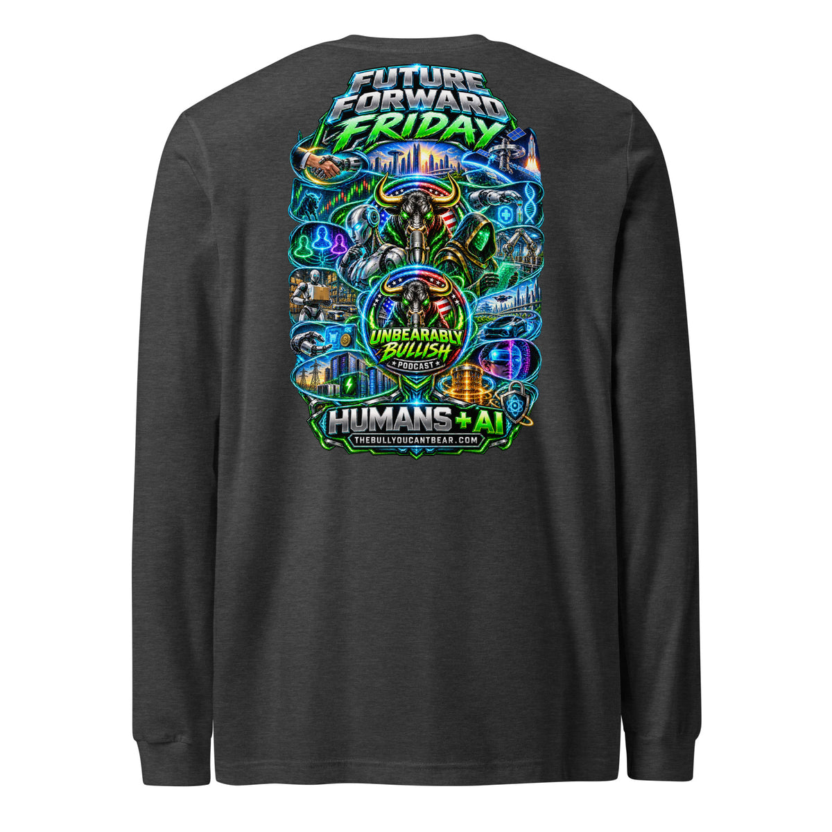 Future Forward Friday Humans + AI Long Sleeve Tee in Dark Grey Heather, back print