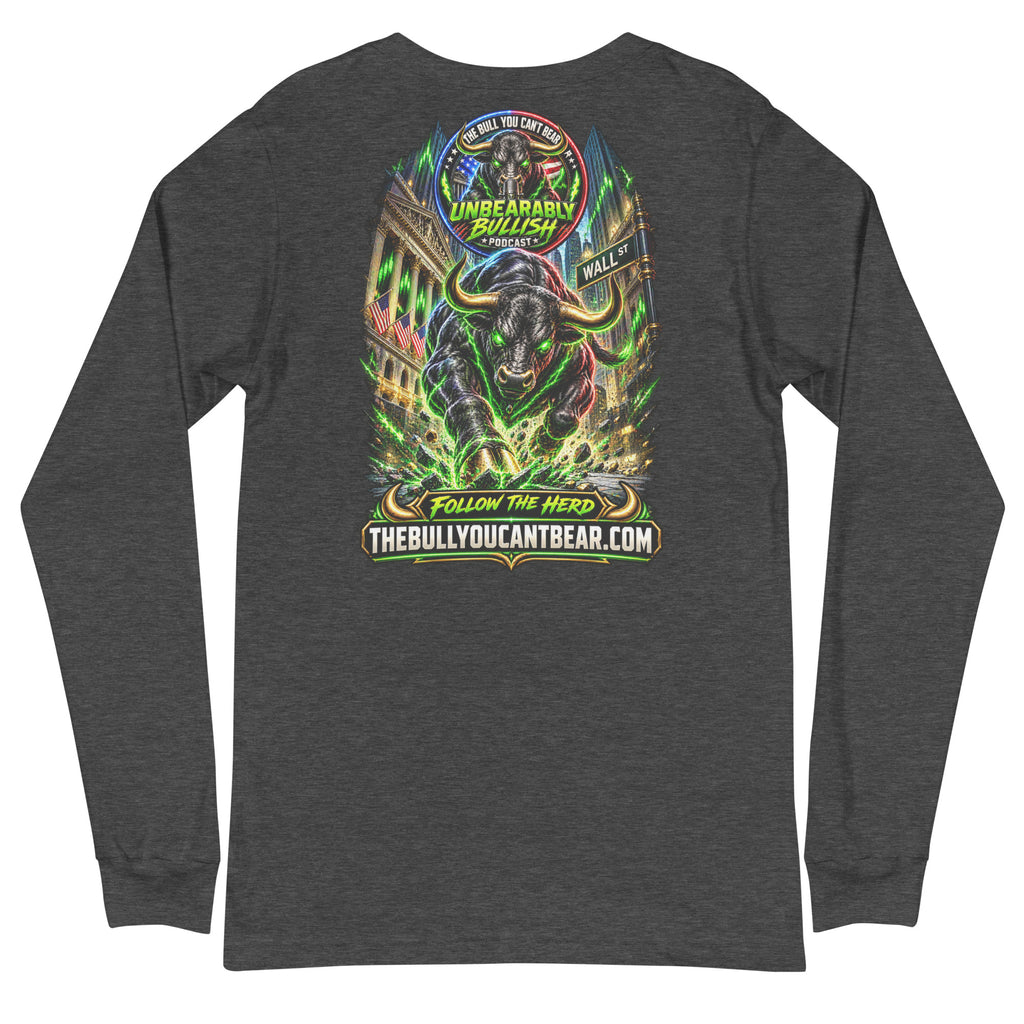 Charging Bull on Wall Street Long Sleeve Tee in Dark Grey Heather, back print