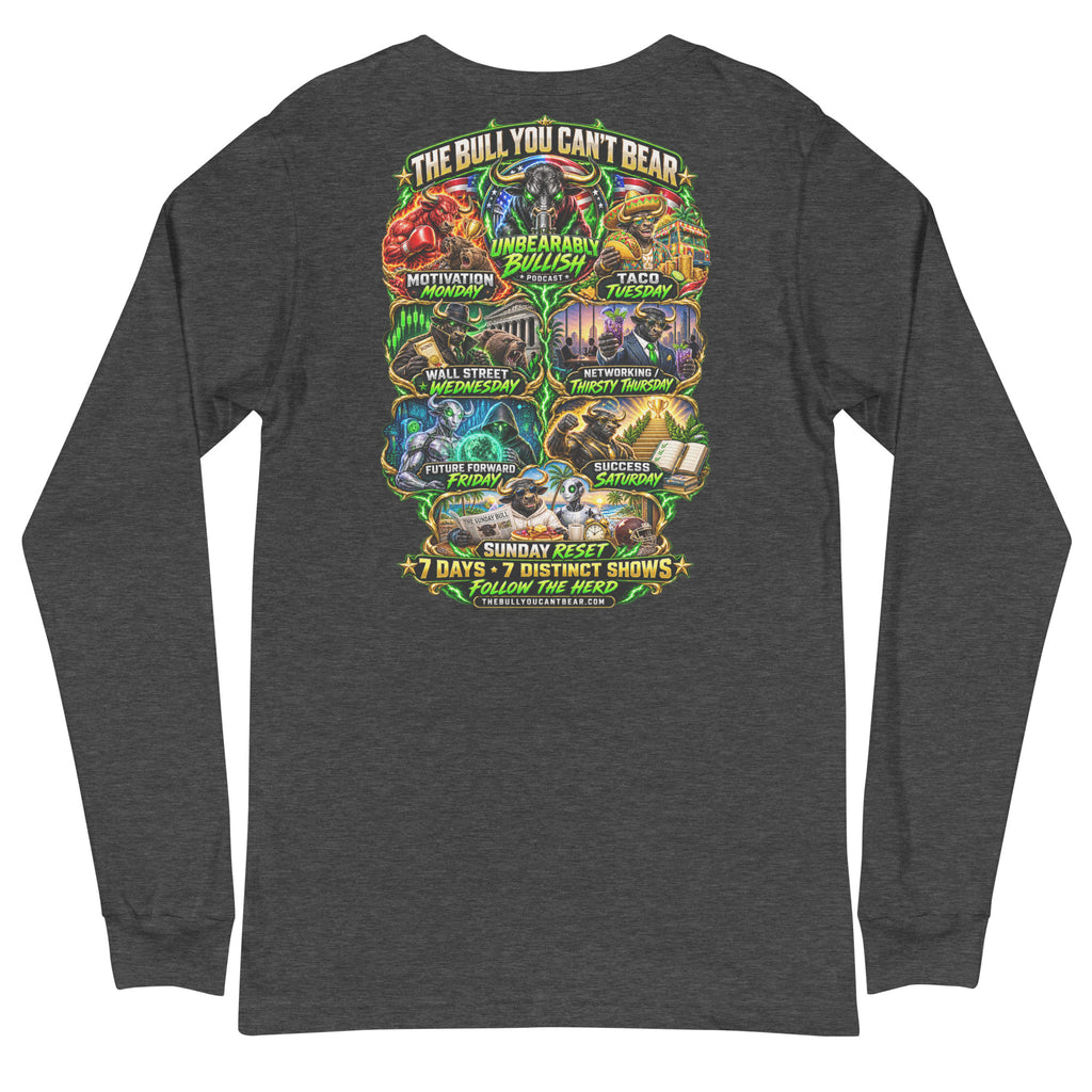 Seven Days Seven Shows Long Sleeve Tee in Dark Grey Heather, back print