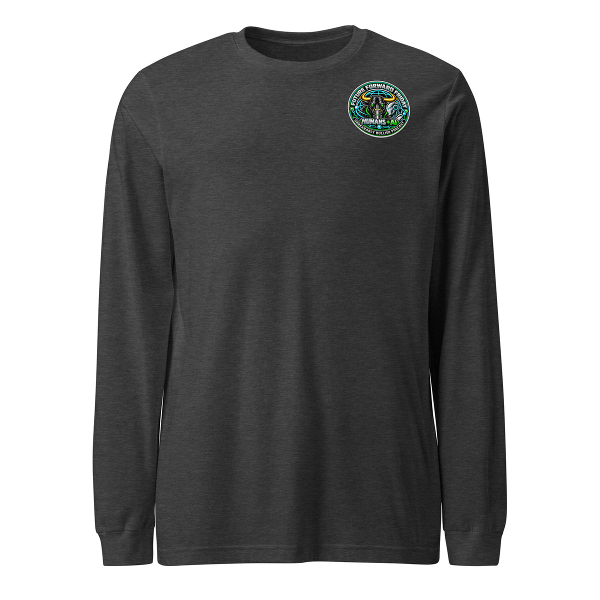 Future Forward Friday Humans + AI Long Sleeve Tee in Dark Grey Heather, front