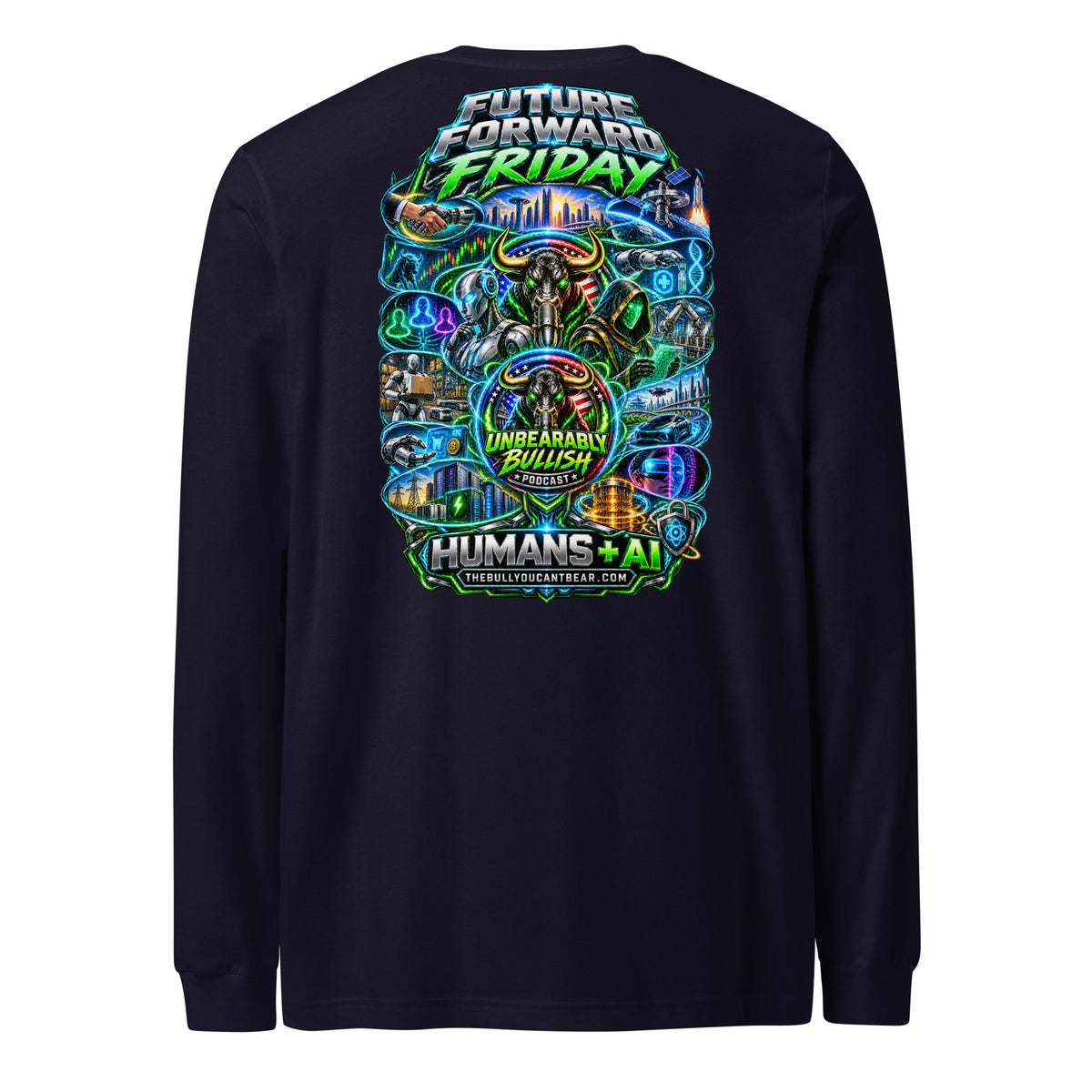 Future Forward Friday Humans + AI Long Sleeve Tee in Navy, back print