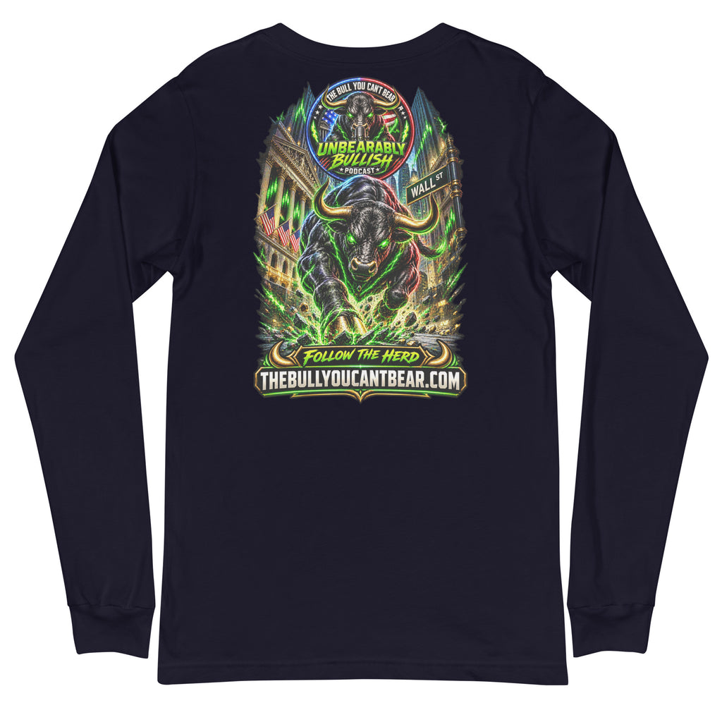 Charging Bull on Wall Street Long Sleeve Tee in Navy, back print