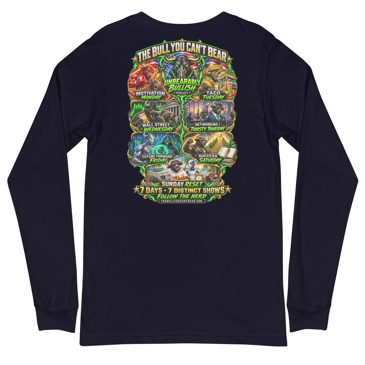 Seven Days Seven Shows Long Sleeve Tee in Navy, back print