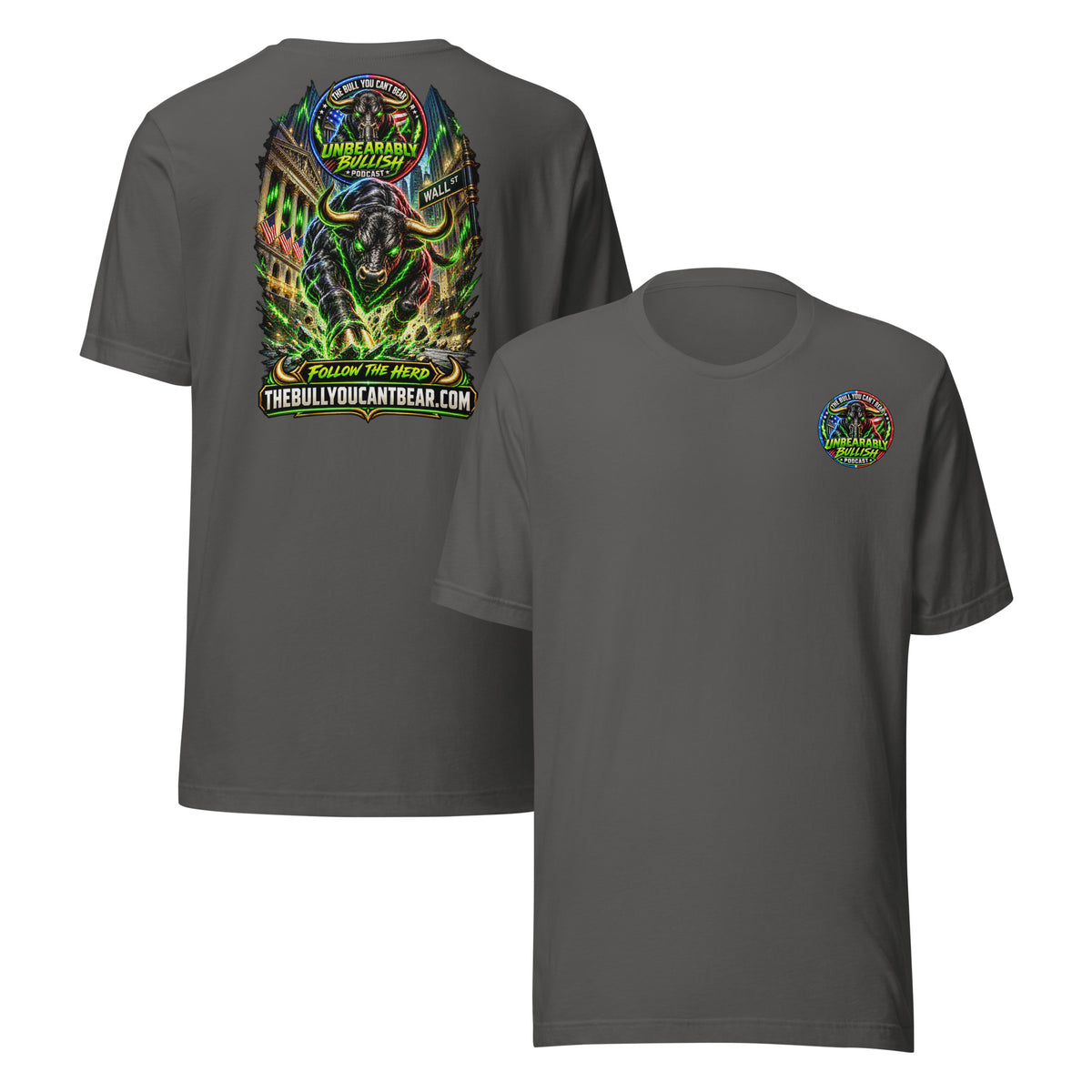 Charging Bull on Wall Street Tee in Asphalt, front and back print