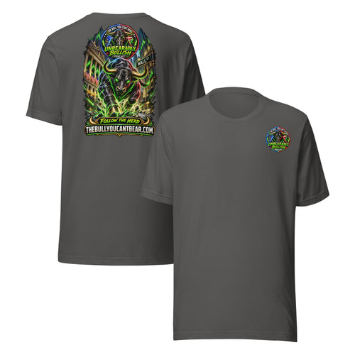 Charging Bull on Wall Street Tee in Asphalt, front and back print
