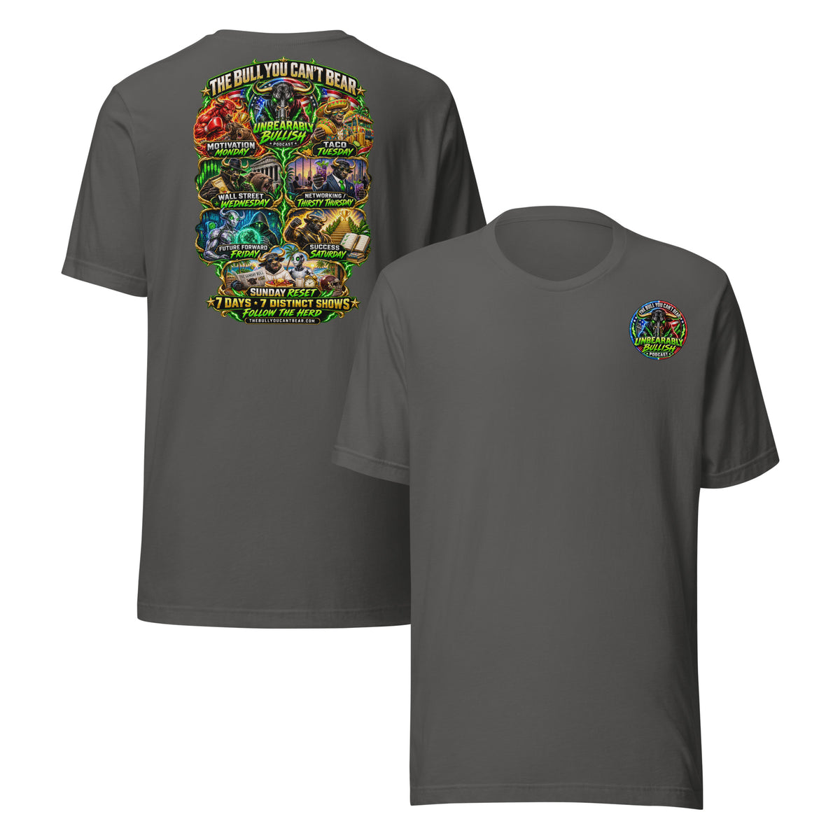 Seven Days Seven Shows Tee in Asphalt, front and back print