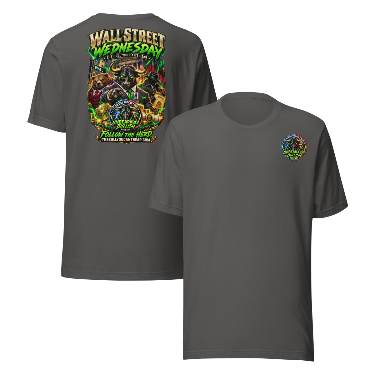 Wall Street Wednesday Tee in Asphalt, front and back print