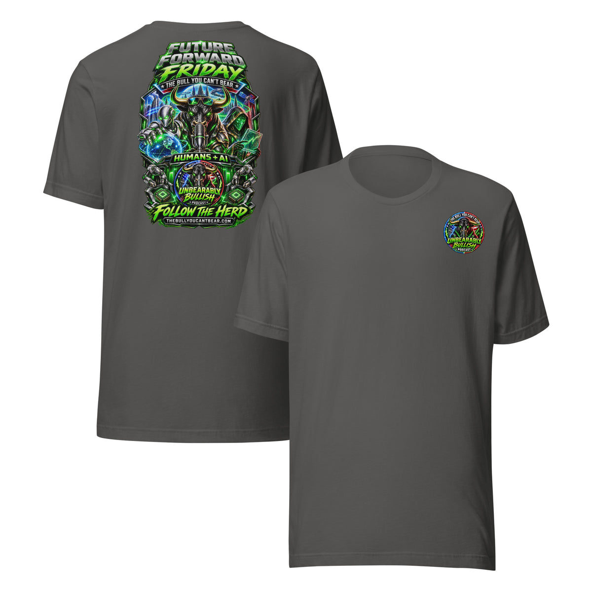 Future Forward Friday Tee in Asphalt, front and back print