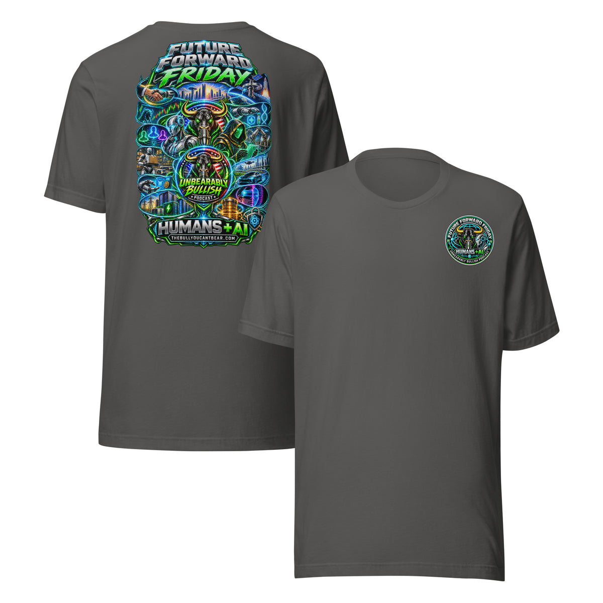 Future Forward Friday Humans + AI Tee in Asphalt, front and back print