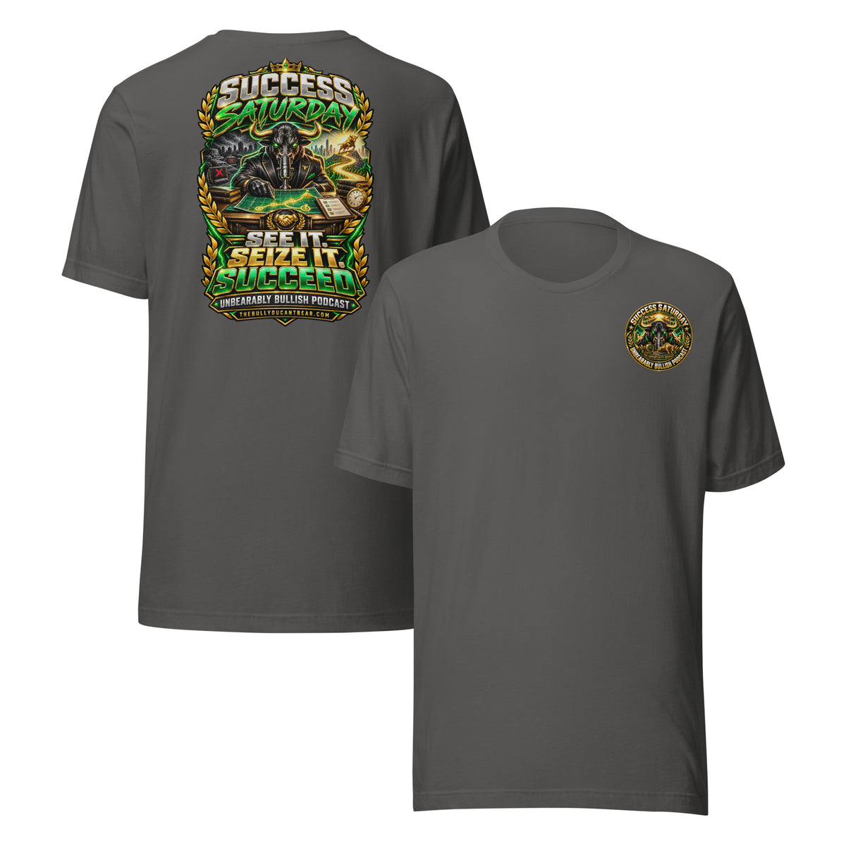 Success Saturday Tee in Asphalt, front and back print