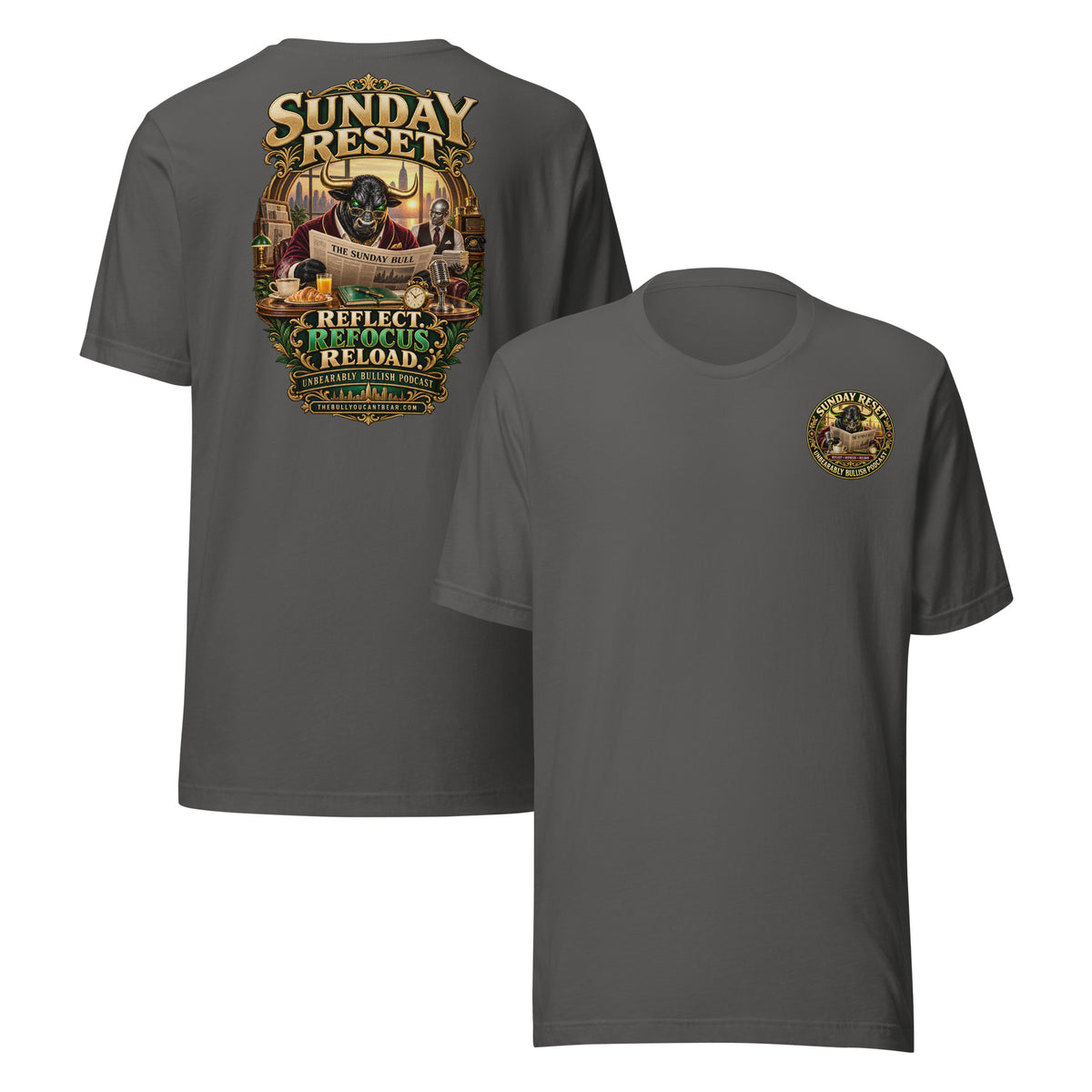 Sunday Reset Tee in Asphalt, front and back print