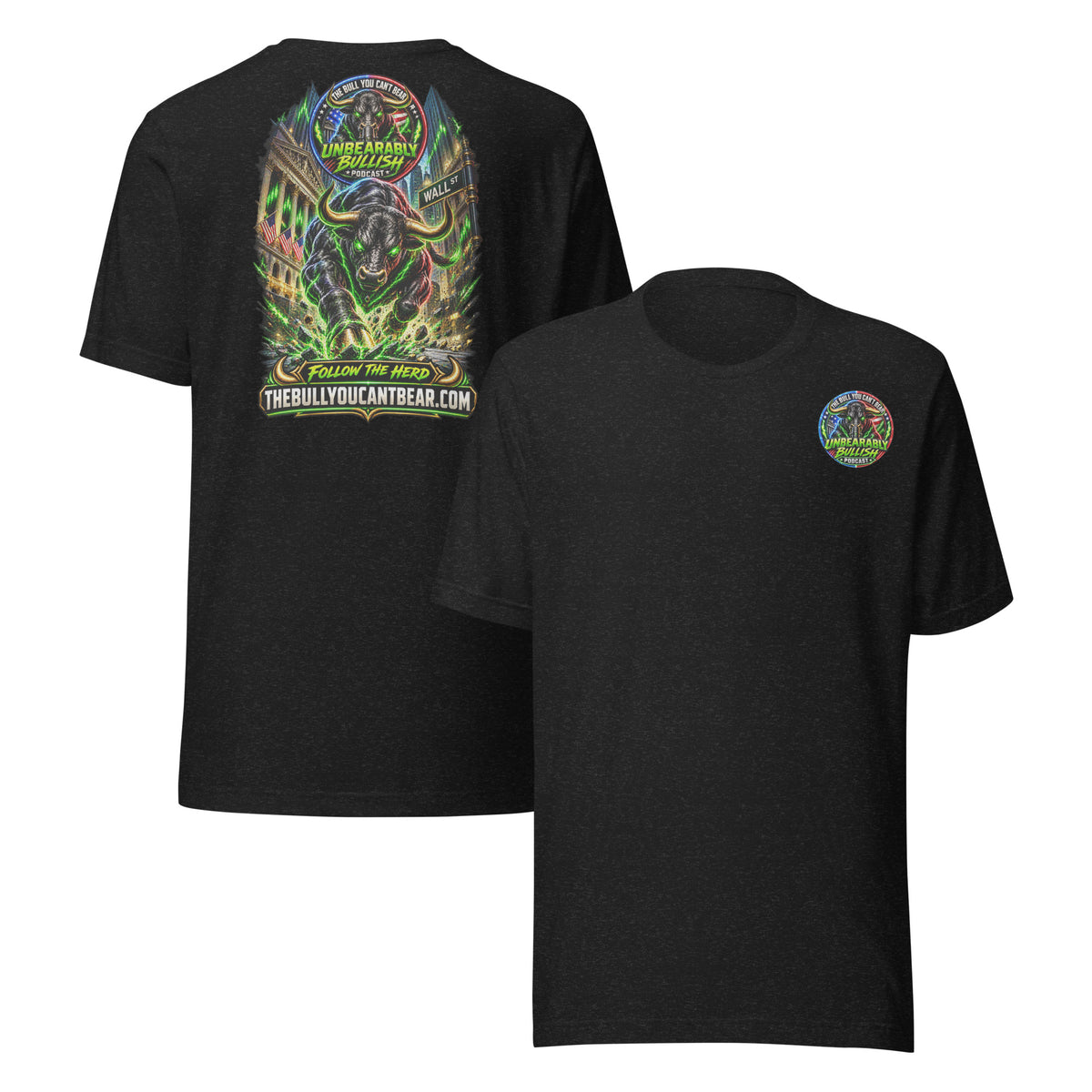 Charging Bull on Wall Street Tee in Black Heather, front and back print