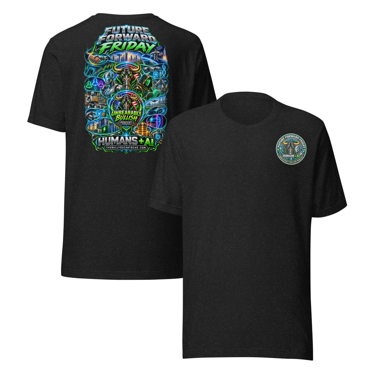 Future Forward Friday Humans + AI Tee in Black Heather, front and back print
