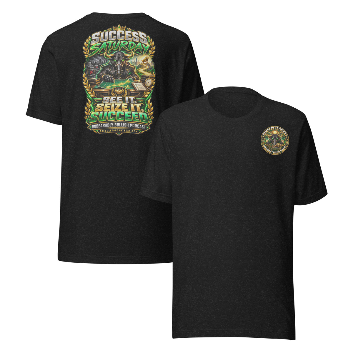 Success Saturday Tee in Black Heather, front and back print