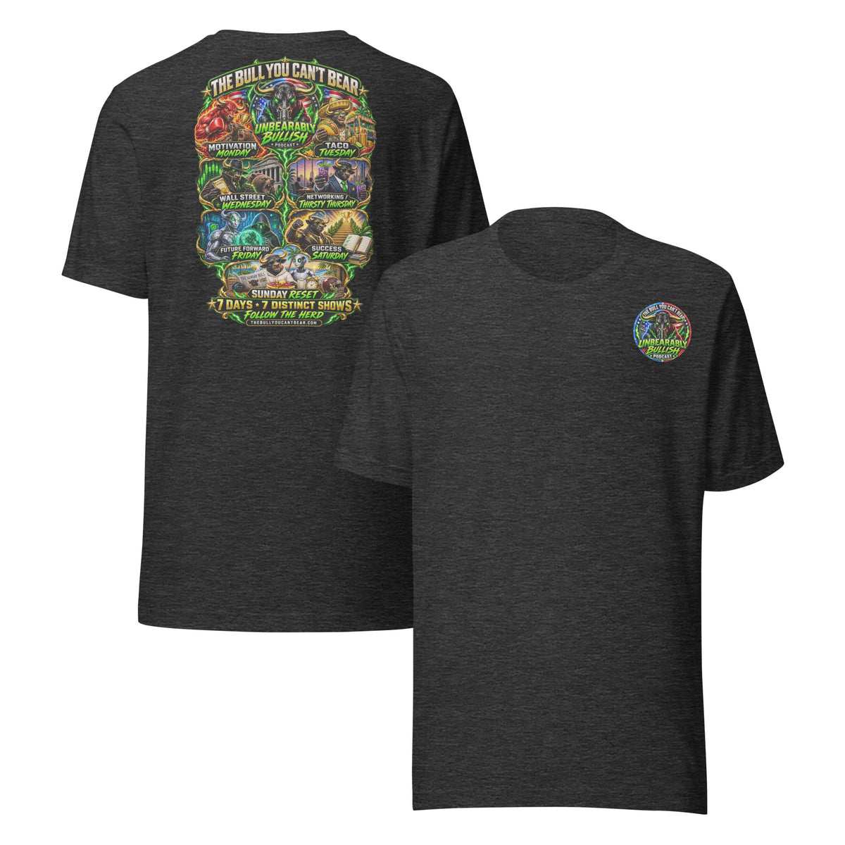Seven Days Seven Shows Tee in Dark Grey Heather, front and back print