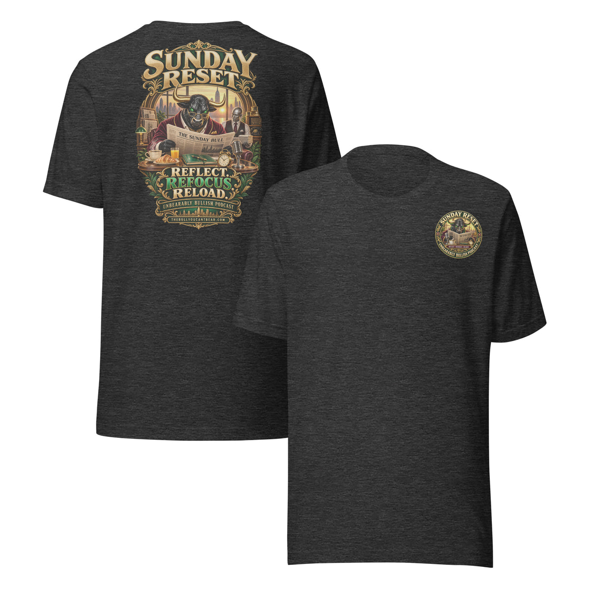 Sunday Reset Tee in Dark Grey Heather, front and back print
