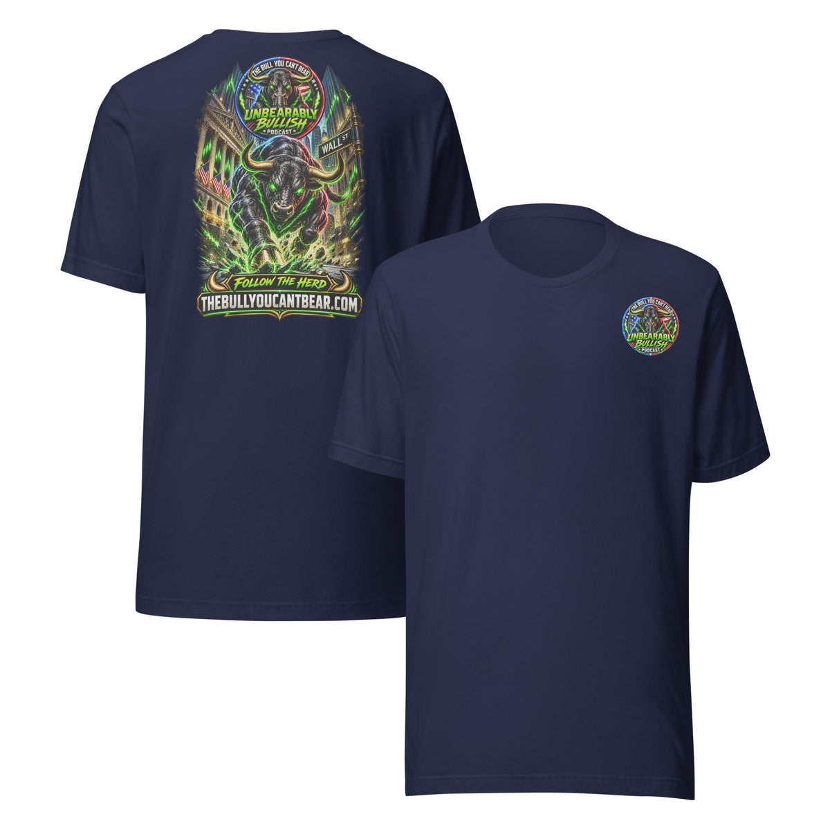 Charging Bull on Wall Street Tee in Navy, front and back print