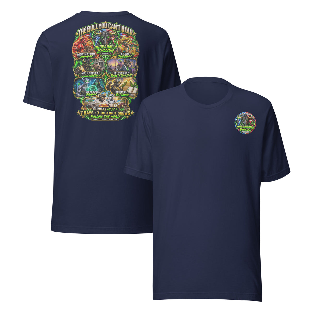 Seven Days Seven Shows Tee in Navy, front and back print