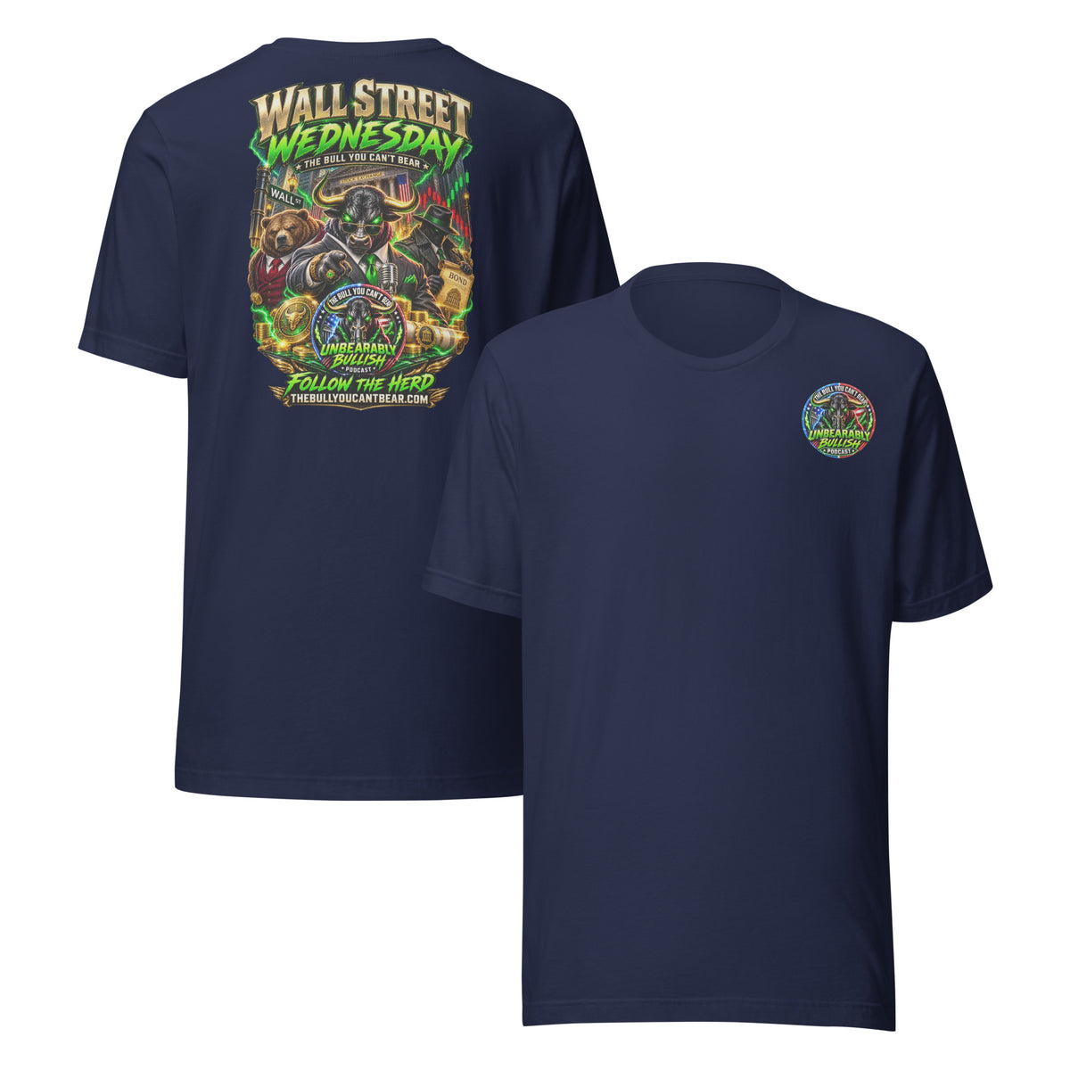 Wall Street Wednesday Tee in Navy, front and back print