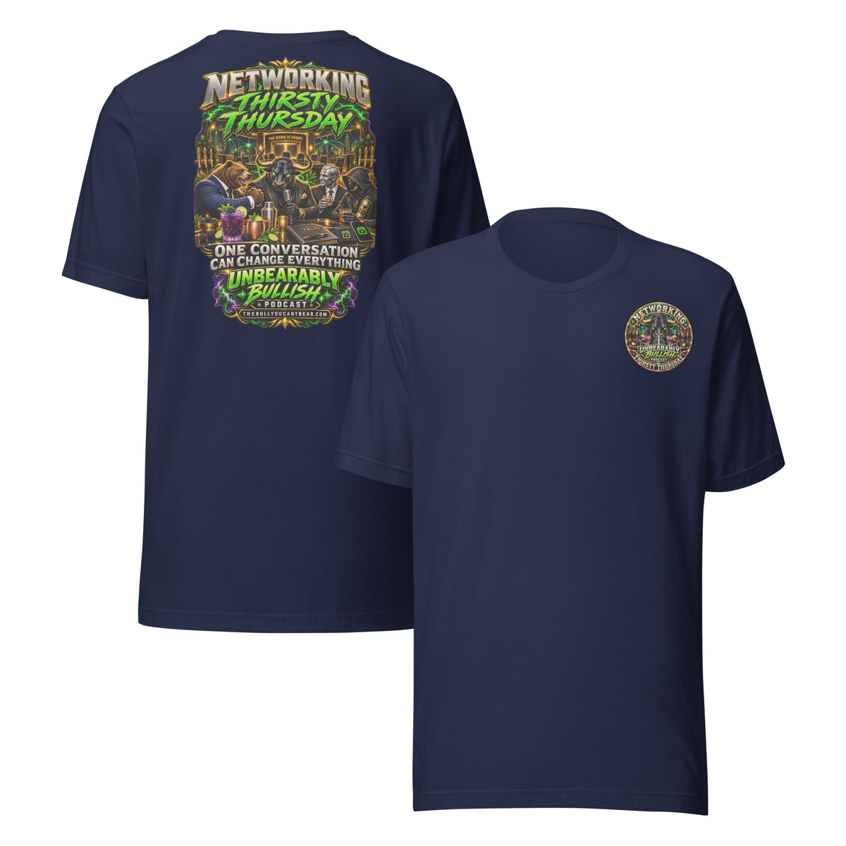 Networking Thirsty Thursday Tee in Navy, front and back print