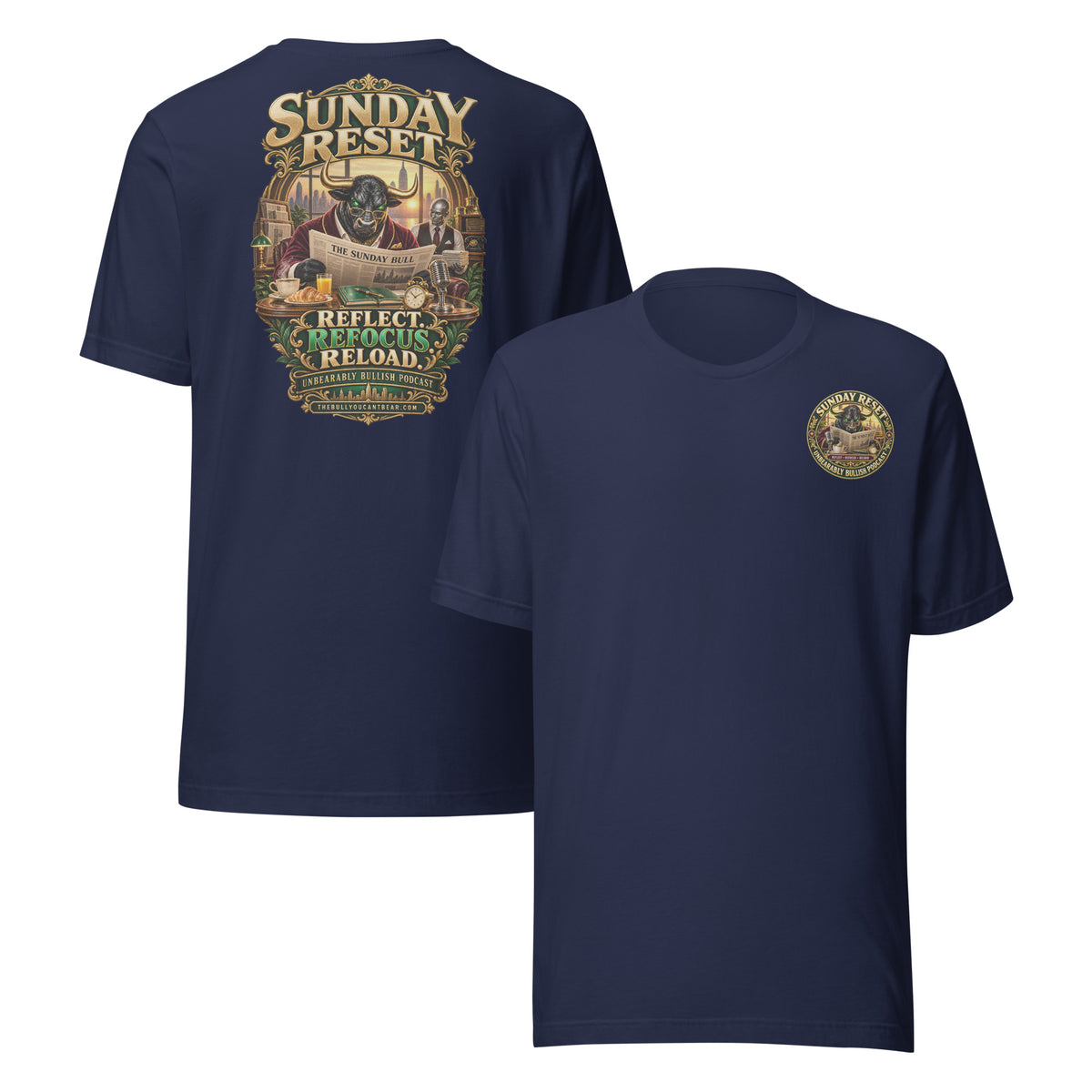 Sunday Reset Tee in Navy, front and back print