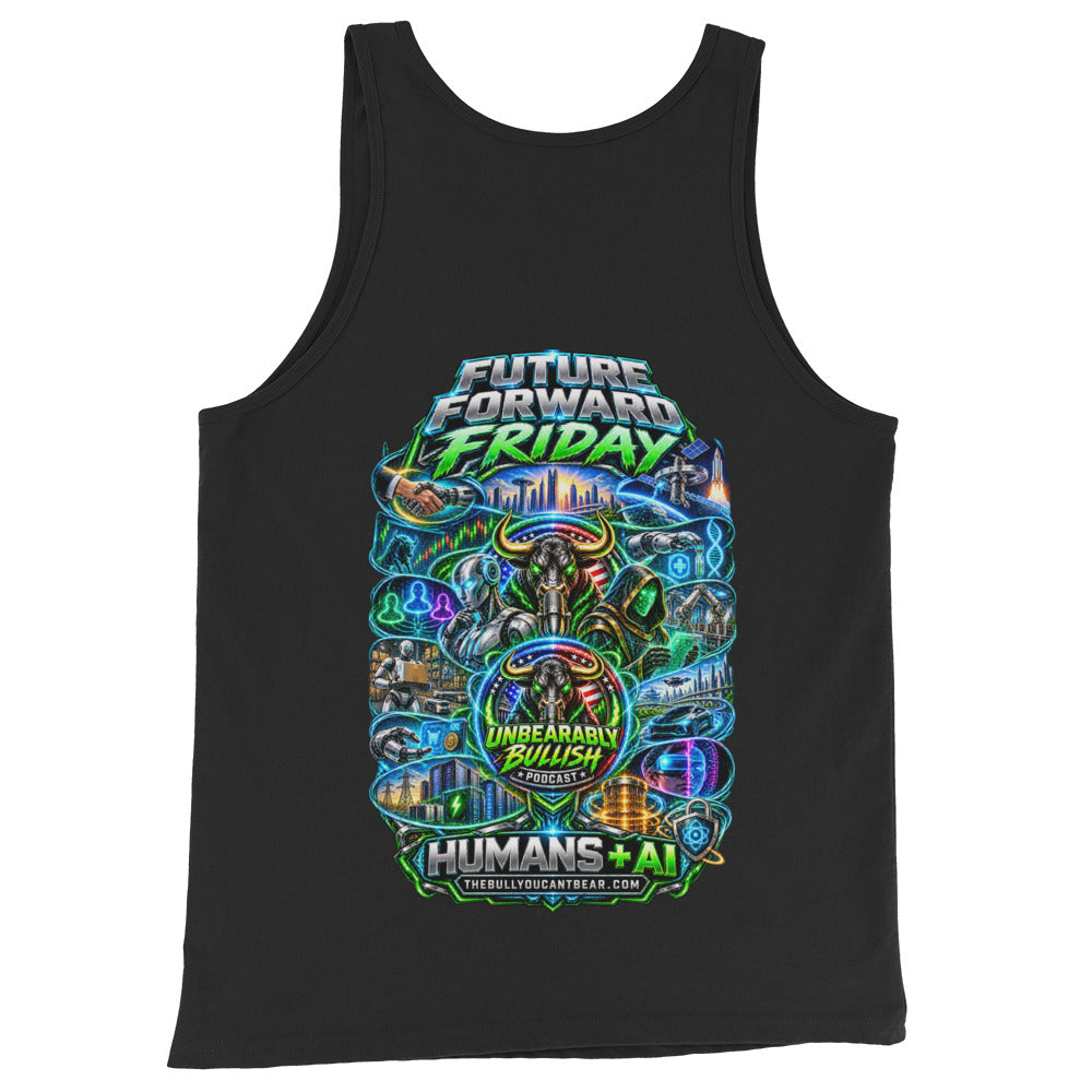 Future Forward Friday Humans + AI Tank Top in Black, back print