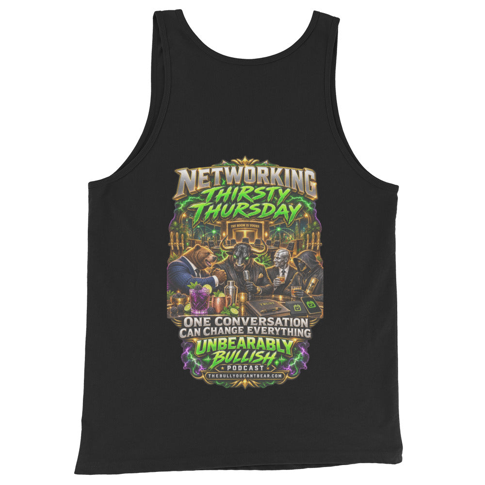 Networking Thirsty Thursday Tank Top in Black, back print