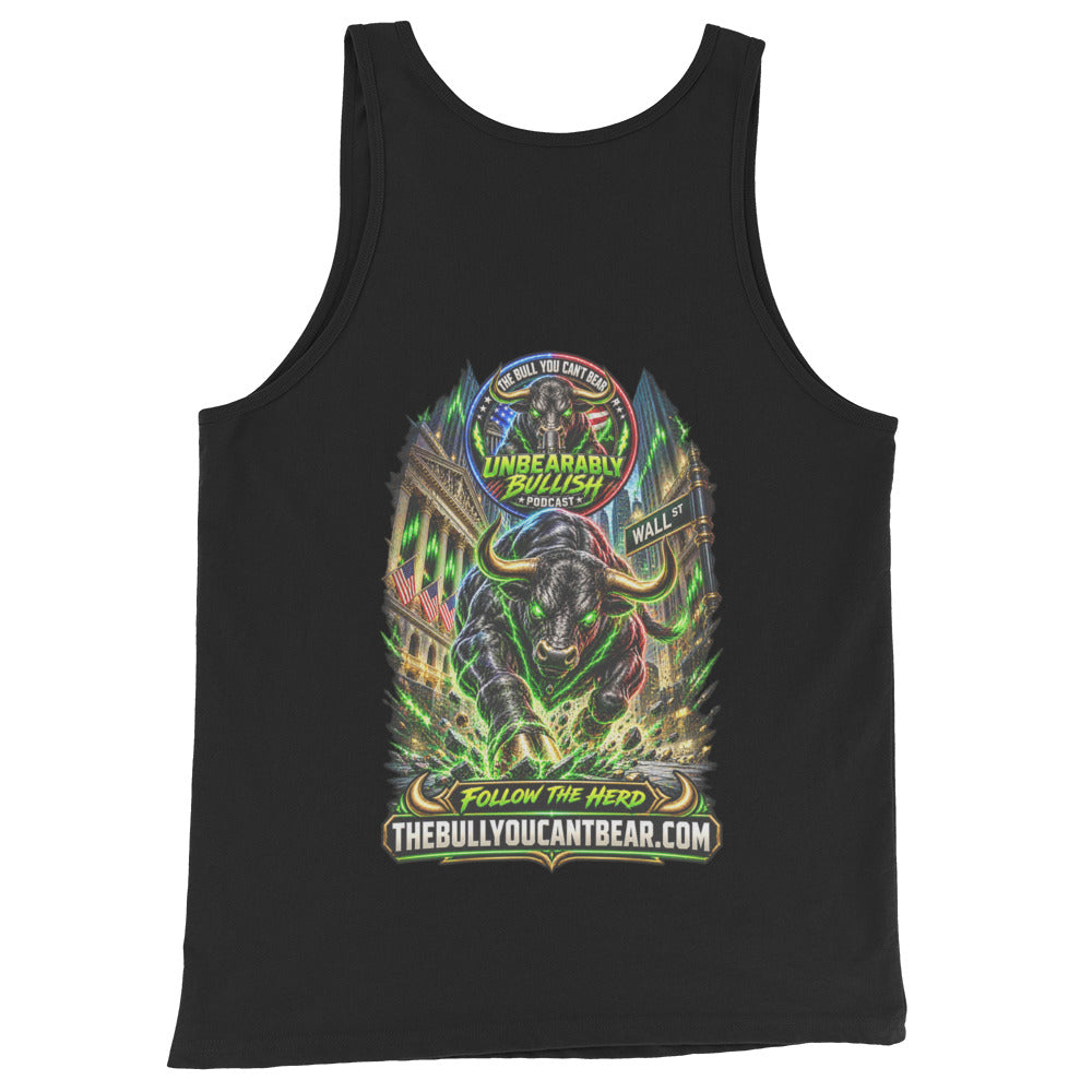 Charging Bull on Wall Street Tank Top in Black, back print