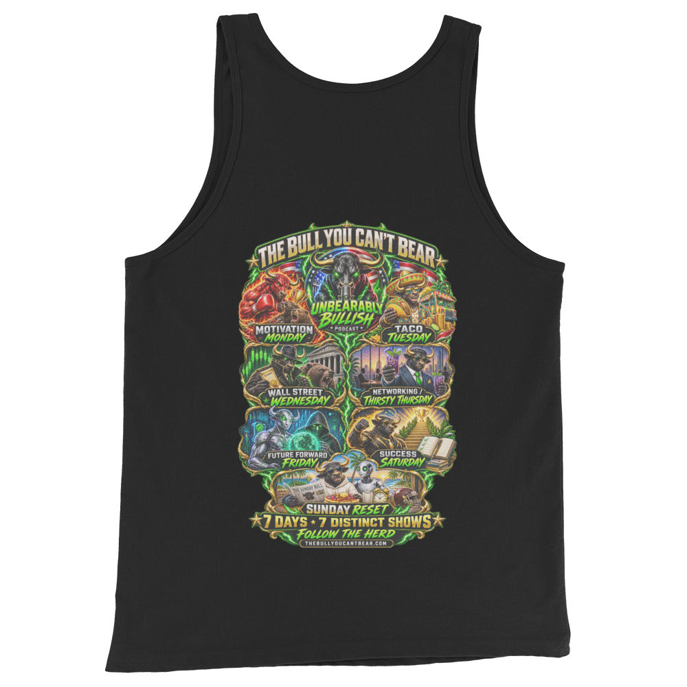 Seven Days Seven Shows Tank Top in Black, back print