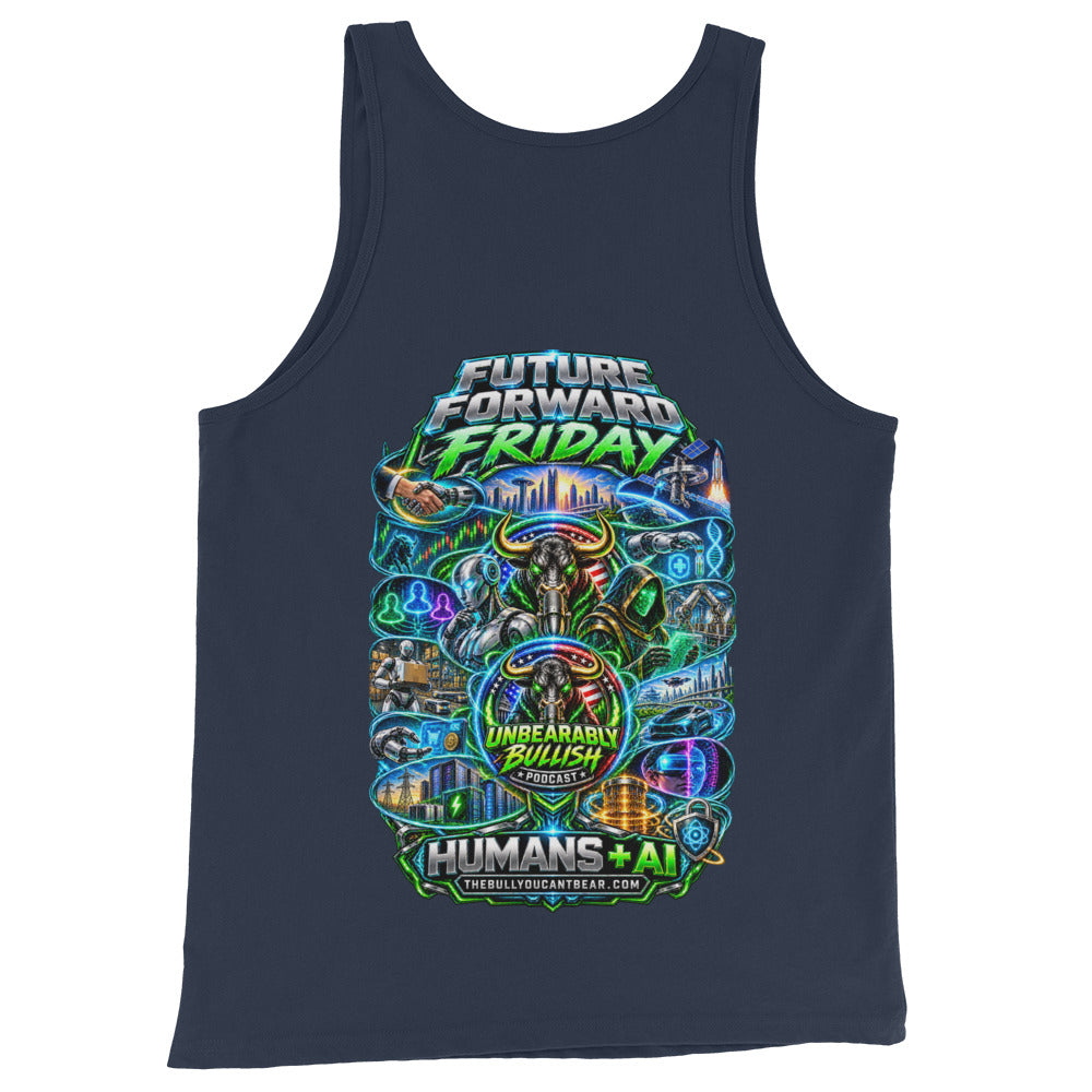 Future Forward Friday Humans + AI Tank Top in Navy, back print