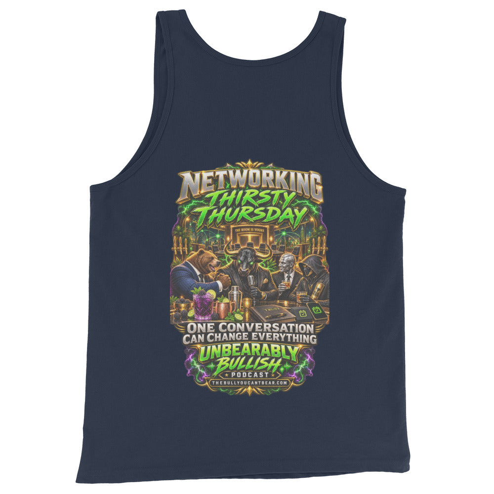 Networking Thirsty Thursday Tank Top in Navy, back print