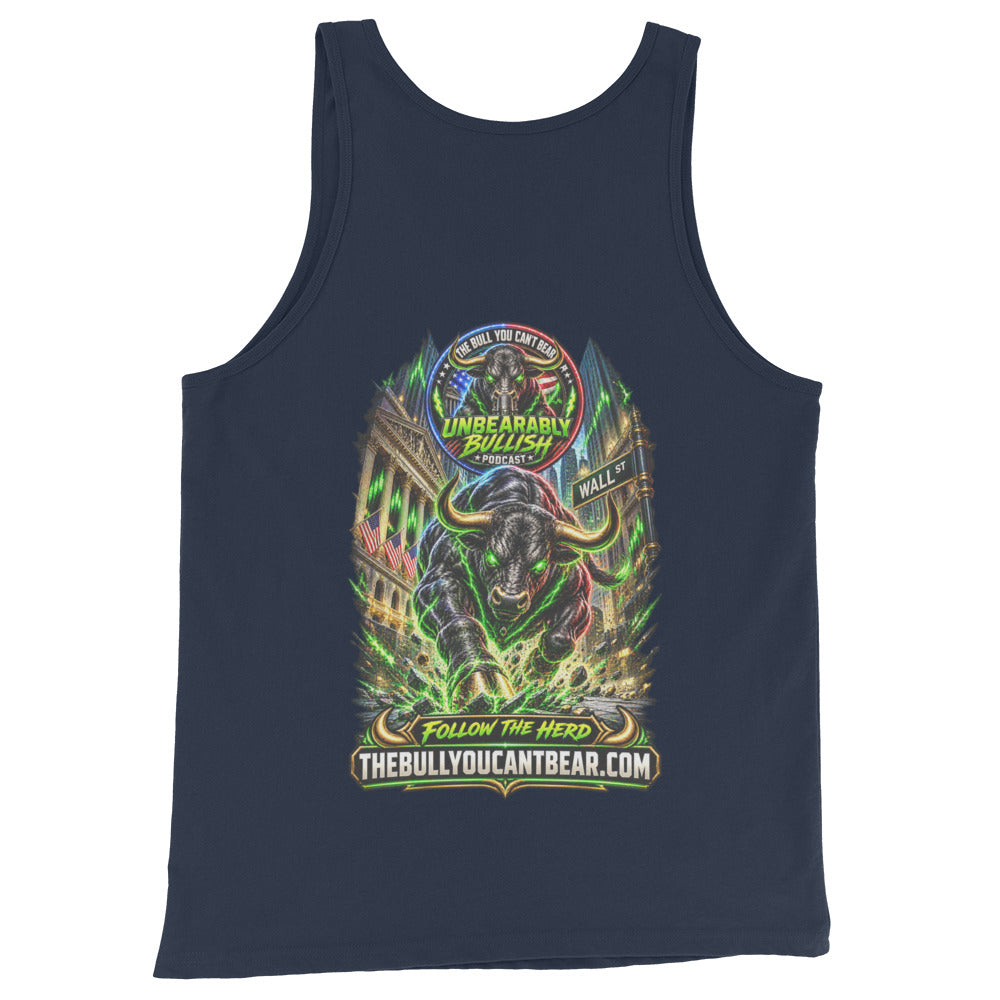 Charging Bull on Wall Street Tank Top in Navy, back print