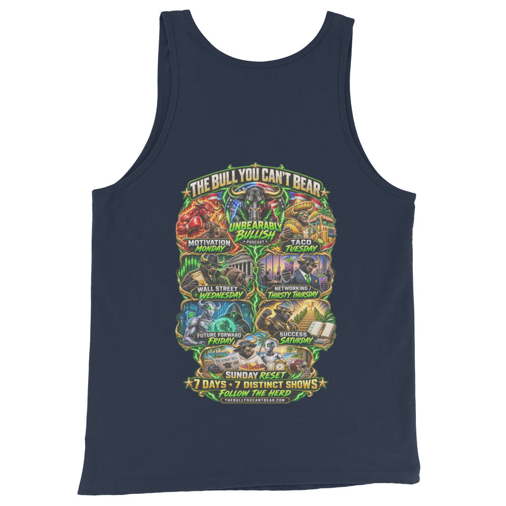 Seven Days Seven Shows Tank Top in Navy, back print
