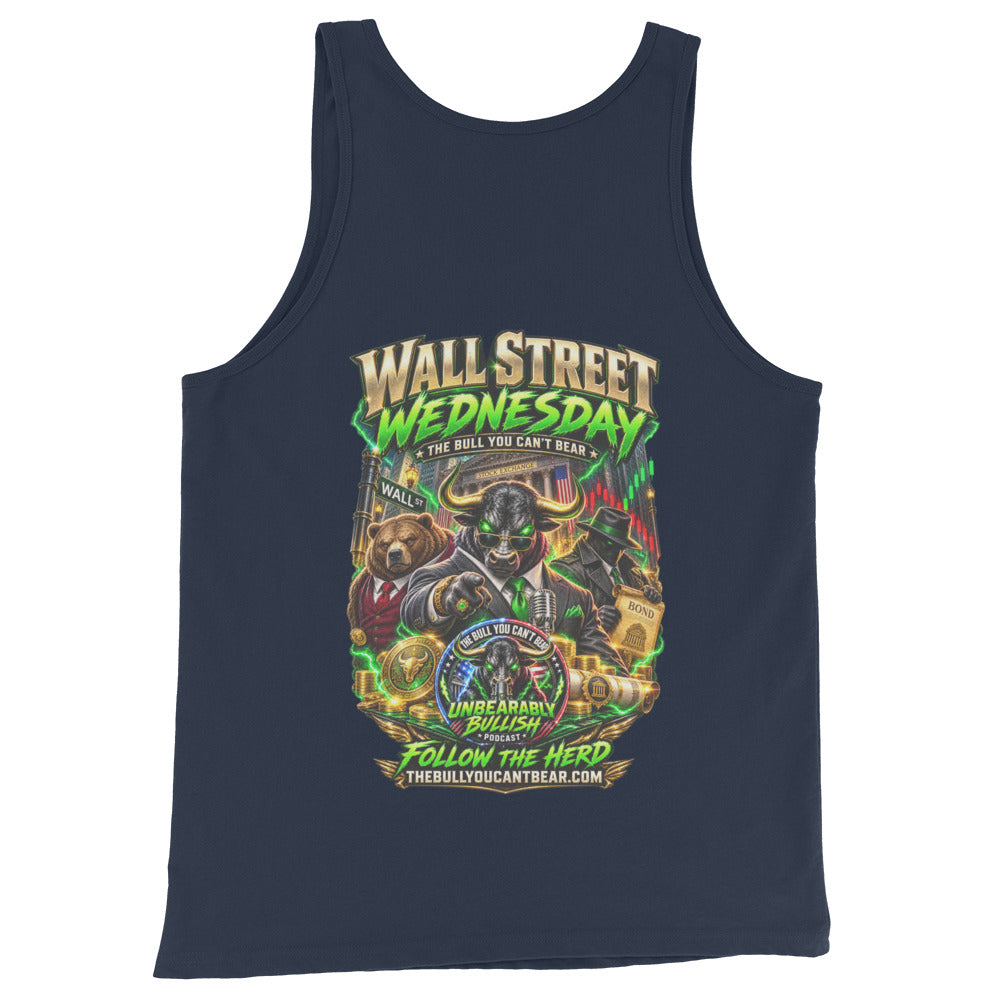 Wall Street Wednesday Tank Top in Navy, back print