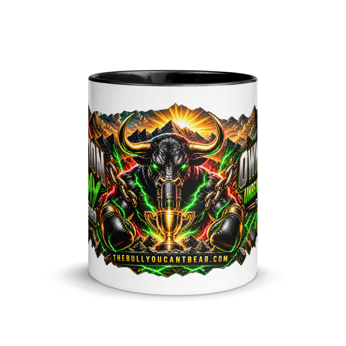 Motivation Monday Own The Week Mug with black interior, 11 oz, front view