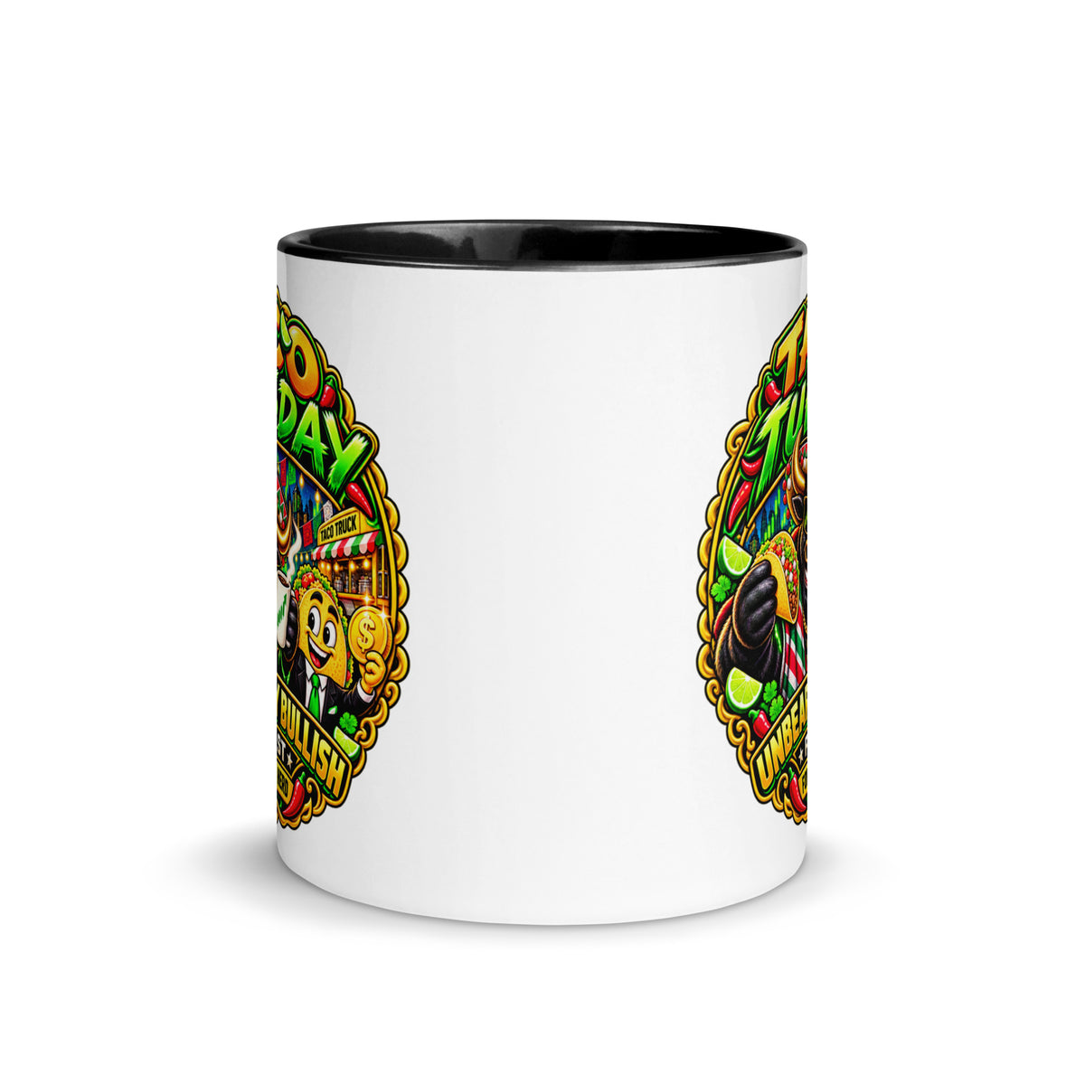 Taco Tuesday Mug with black interior, 11 oz, front view